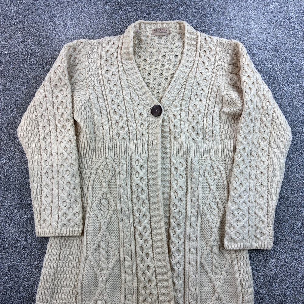 Blarney Woollen Mills Cardigan Women's XL Cream Wool Aran Cable Knit Ireland